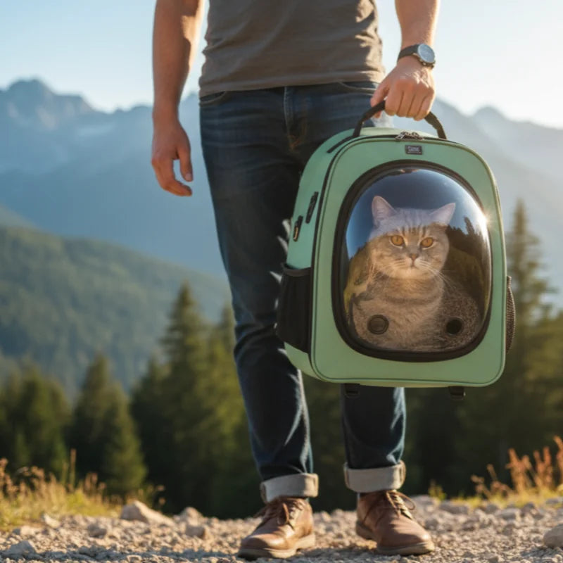 Homme portant un sac transport chat transparent
