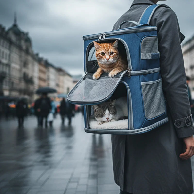 Personne portant deux chats dans un sac transport chat