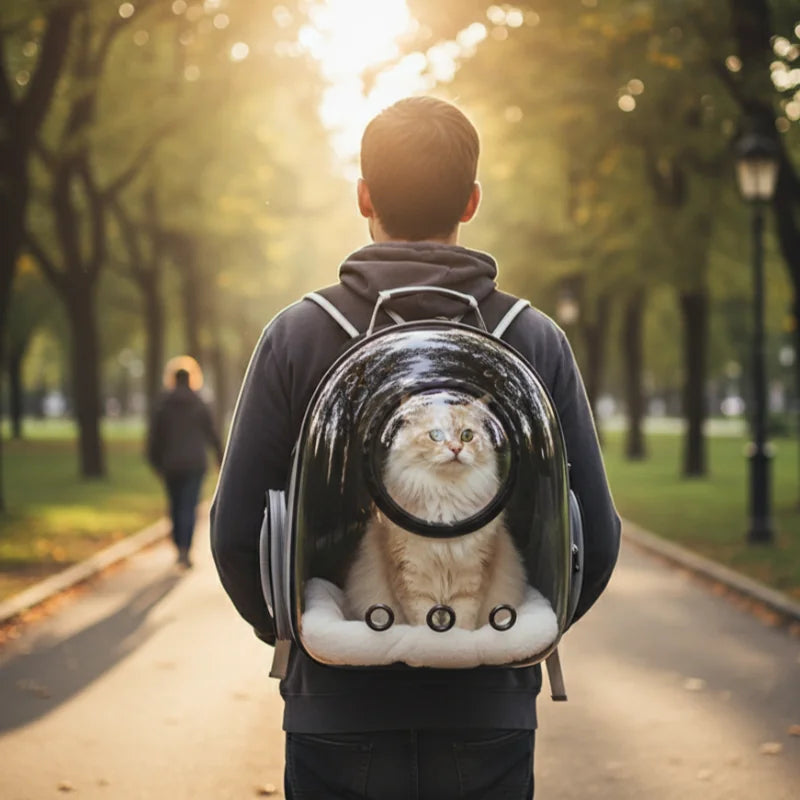 Personne se promenant en portant un chat dans son sac de transport