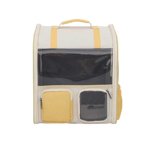Sac à dos transport chat jaune avec ouverture et visière transparente