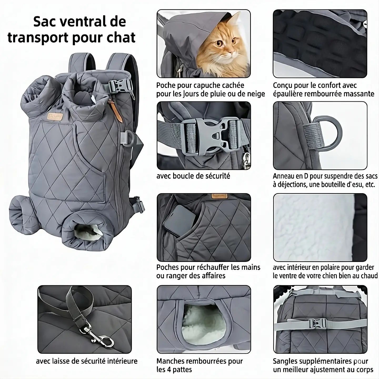 Sac de transport ventral pour chat en nylon