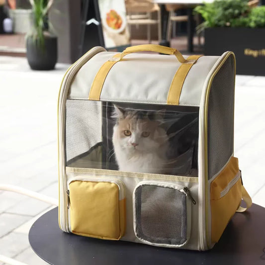 Sac à dos transport chat jaune avec ouverture et visière transparente