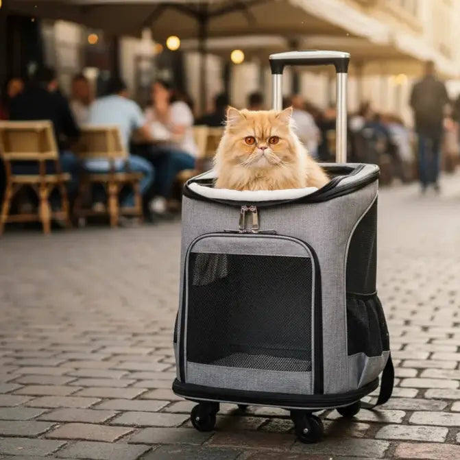 Chat dans sac à roulettes dans la rue