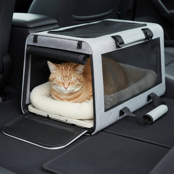 Chat calme dans un sac de transport posé au sol derrière le siège