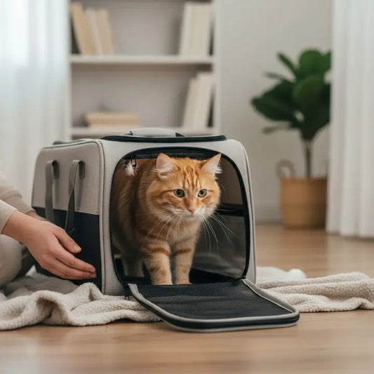 Chat sortant calmement d’un sac de transport ventilé posé sur un plaid dans un salon lumineux