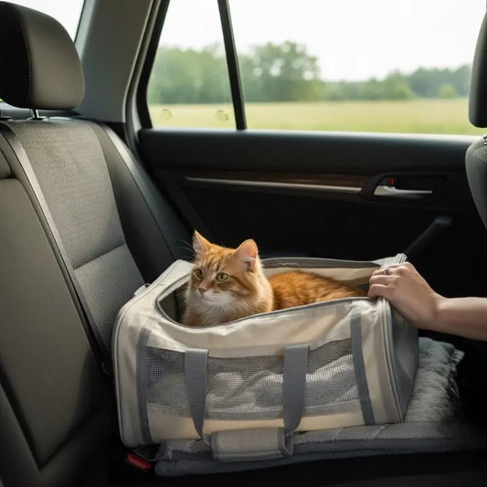 chat qui s'habitue à voyager dans un sac de transport posé dans une voiture