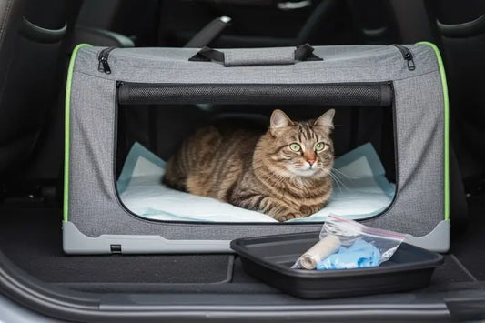Gestion des besoins d’un chat en voiture : alèses superposées, retrait hygiénique et contenant stable à l’intérieur de l’habitacle.