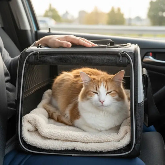 chat calme dans un sac de transport durant un trajet