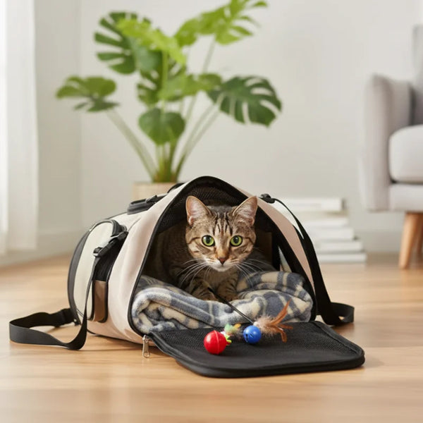 Chat s’habituant dans le sac transport chat