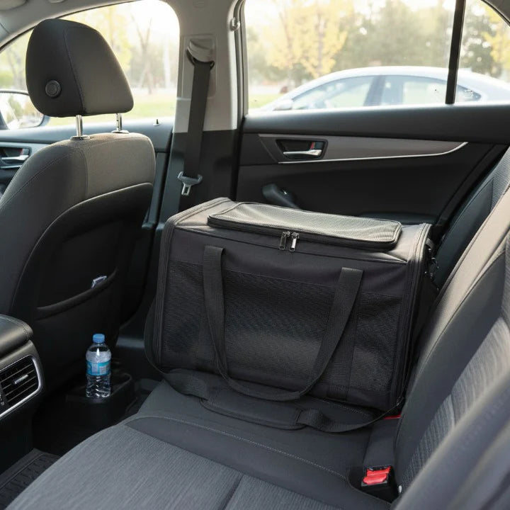 cage de transport pliable noir dans une voiture