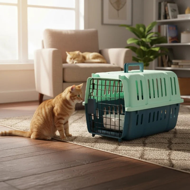 chat devant une cage de transport fermé dans le salon
