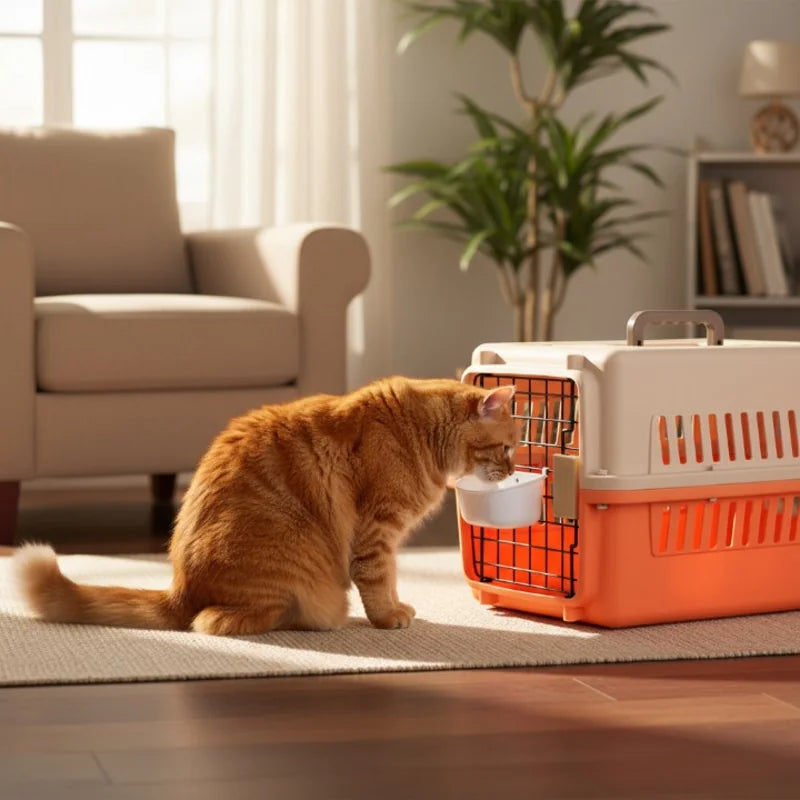 chat devant cage de transport xxl orange fermé dans le salon