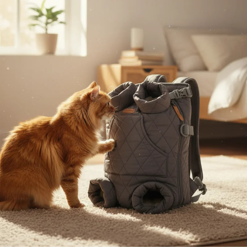 Chat à côté d’un sac de transport ventral dans une chambre