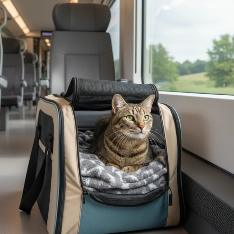 Chat calme dans sac transport voyageant en train