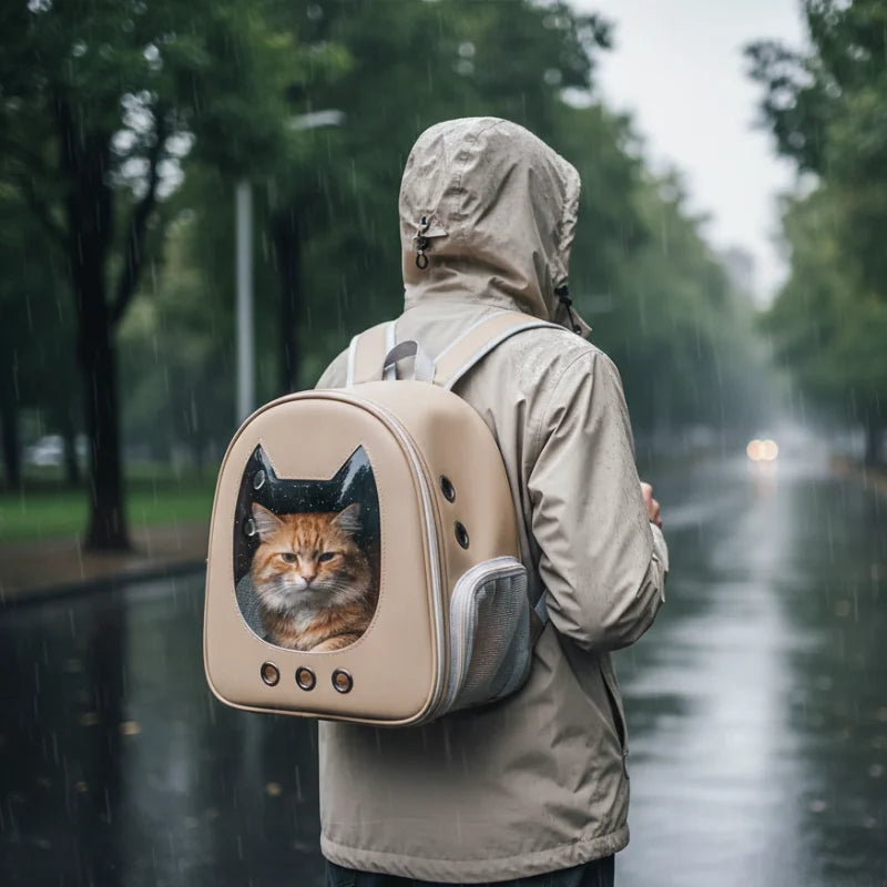 Chat roux dans un sac transporté par une personne