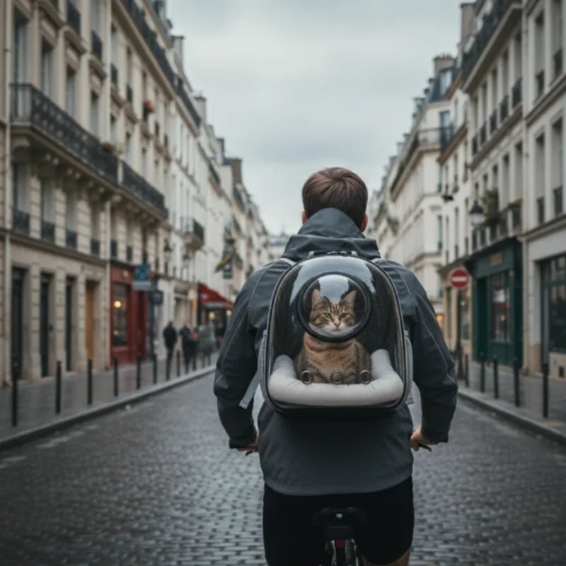 Homme se baladant en vélo avec son chat dans un sac de transport