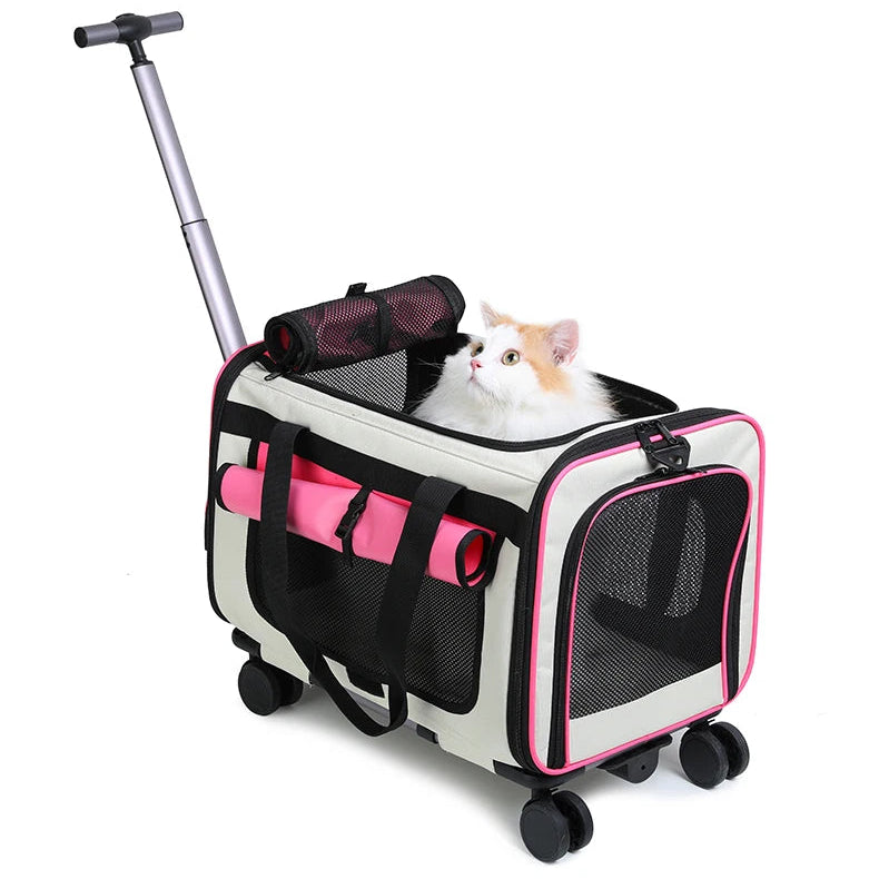 Sac à roulettes pour chat avec poignée télescopique Rose