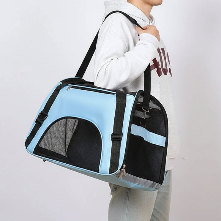 Sac ventral pour chat avec maille respirante Bleu portée