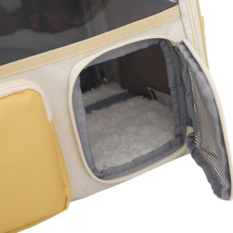 Sac à dos transport chat jaune avec ouverture et visière transparente
