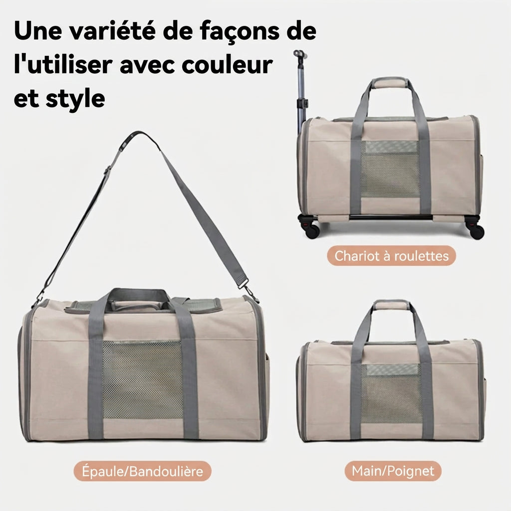 Sac à roulettes pliable pour chat : trois modes de portage, sur roulettes, à la main et à l’épaule