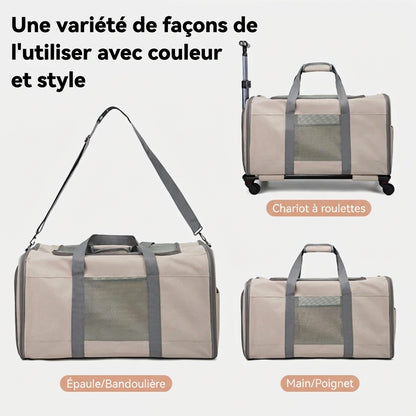 Sac à roulettes pliable pour chat : trois modes de portage, sur roulettes, à la main et à l’épaule