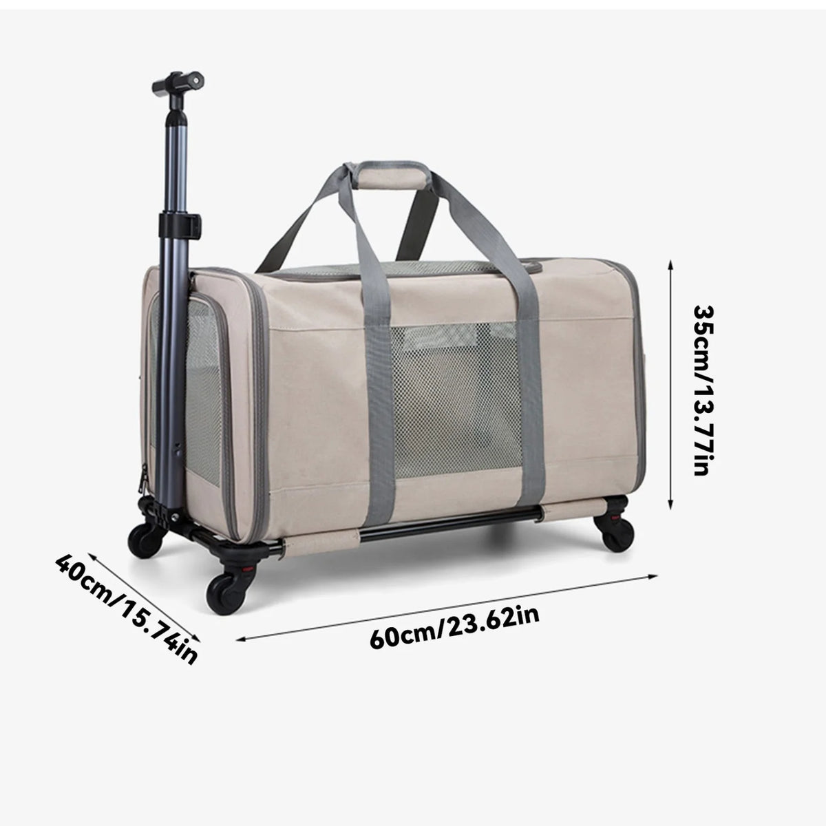 Sac à roulettes pliable pour chat : dimensions extérieures 60 × 40 × 35 cm