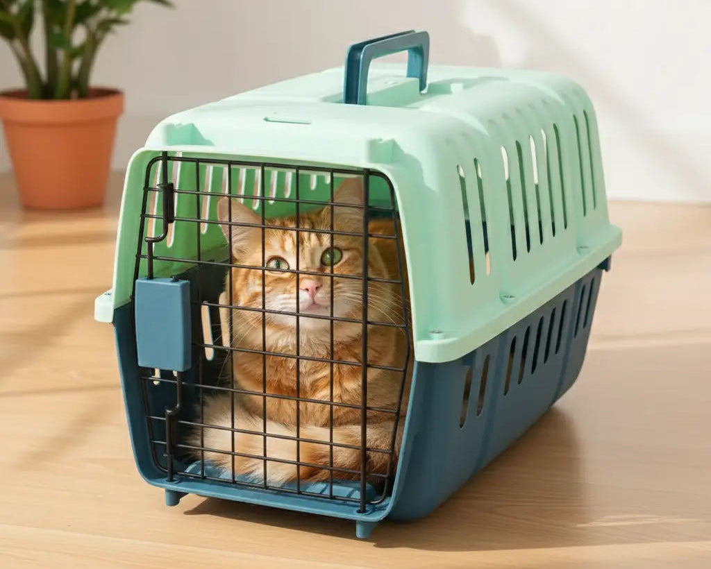 chat dans une cage de transport heureux