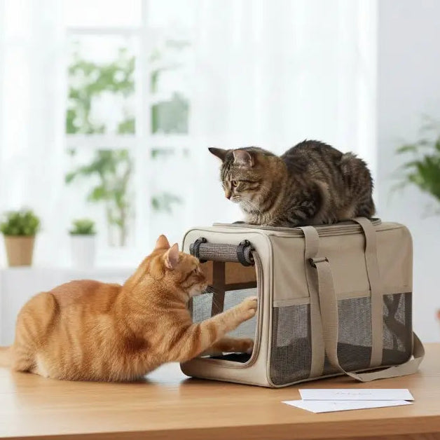 Chats sur une table avec un sac de transport et des enveloppes