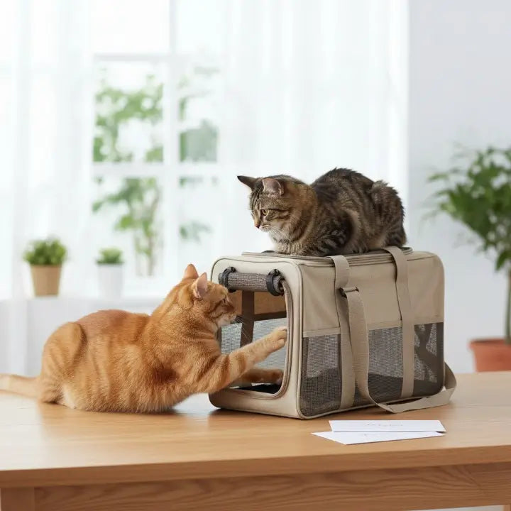 chats sur table avec sac de transport et enveloppes