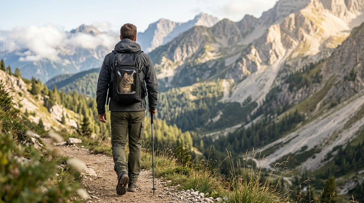 Randonnée en montagne avec un chat dans un sac à hublot