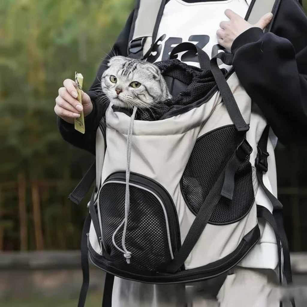 sac à dos de transport gris pour chat porté devant